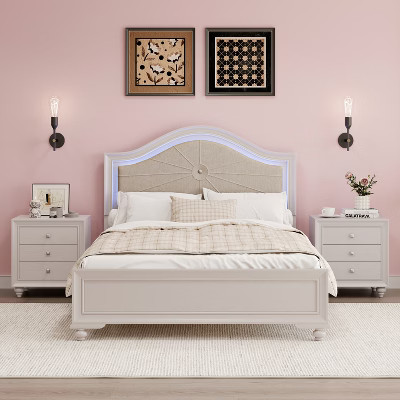 3 Pieces Bedroom Sets, Queen Size Modern Platform Bed Frame with Upholstered Curved Headboard,  2 Nightstands with 3 Drawers, Cream Grey-ModernLuxe | Target