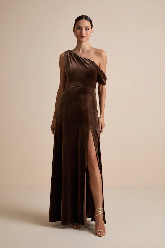 Coveted Confidence Brown Velvet Asymmetrical Maxi Dress | Lulus