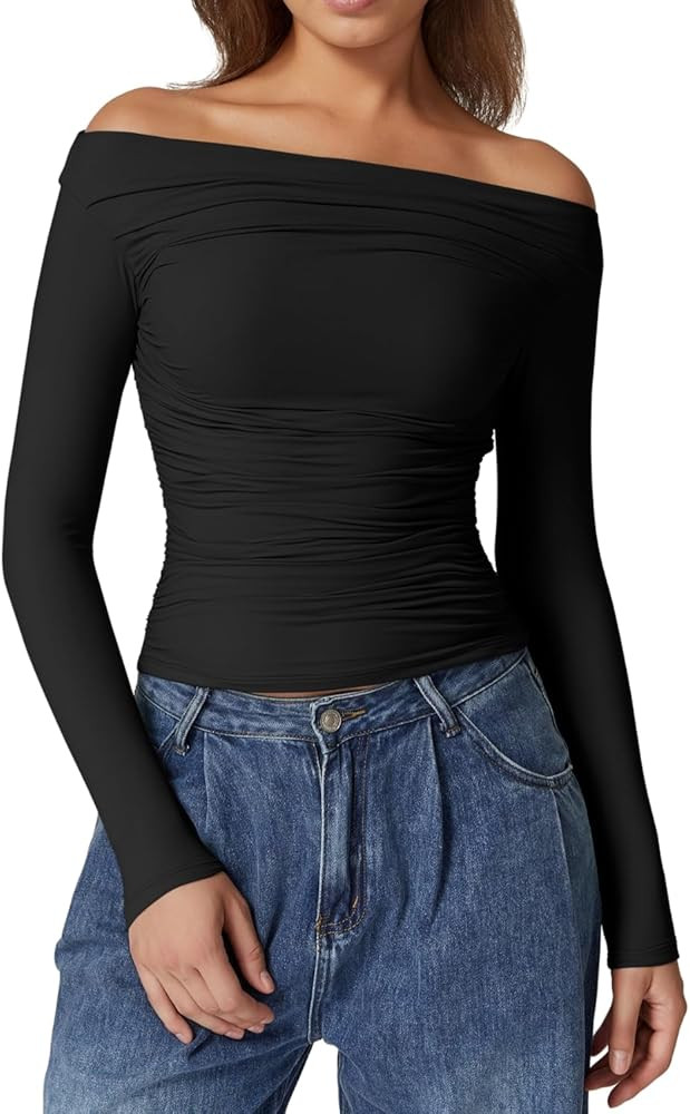 QINSEN Womens Off Shoulder Long Sleeve Tops Ruched Going Out Crop Slim Fitted Double Lined Shirts | Amazon (US)