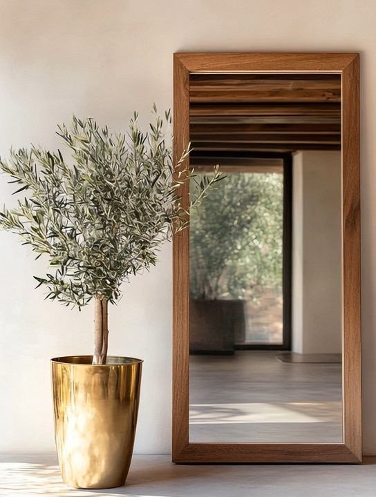 Elegance is often hidden in simplicity. A wood-framed wall mirror paired with a gold planter and olive tree creates an understated yet powerful focal point in any space. The natural wood frame brings warmth and organic texture, while the brushed gold planter adds subtle sophistication and light.

This combination works beautifully in bedrooms, living rooms, entryways, hallways, or styled side corners that need intention without clutter. A large rectangular mirror reflects natural light and visually expands the room, making it ideal for small spaces, apartments, or minimalist interiors.

The contrast between warm wood tones and polished gold creates a balanced harmony — grounded yet refined. The olive tree softens the look with greenery, adding life and movement while keeping the palette neutral and timeless. This is modern organic decor at its best.

Placed near a window, beside a console table, or leaning against a wall, a wooden floor mirror instantly draws the eye. The gold planter adds just enough glow to make the space feel curated without being overwhelming.

This is the kind of styling that feels intentional — simple materials, balanced textures, and quiet luxury that speaks without trying too hard.

#WoodFrameMirror
#GoldPlanter
#ModernOrganicDecor
#MinimalistHome 

 #LTKHome
