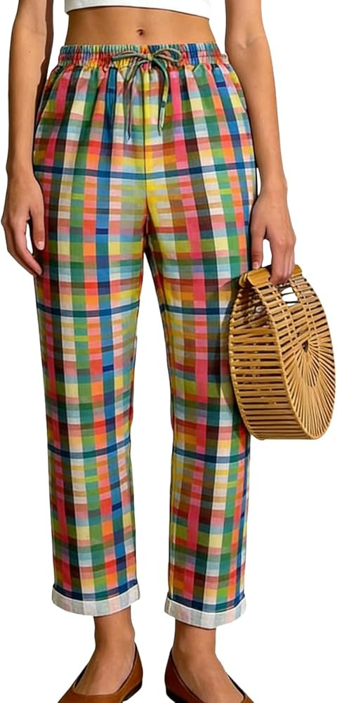 Women's Striped Gingham Harem Pants Summer Casual Loose Drawstring Plaid Trousers Beach Travel Bo... | Amazon (US)
