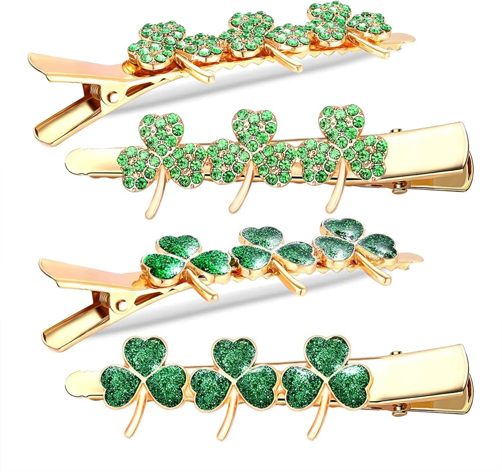 St.Patrick’s Day Hair Clips Crystal Glitter Shamrock Hairpins Green Lucky Leaf Embellished Gold... | Amazon (US)