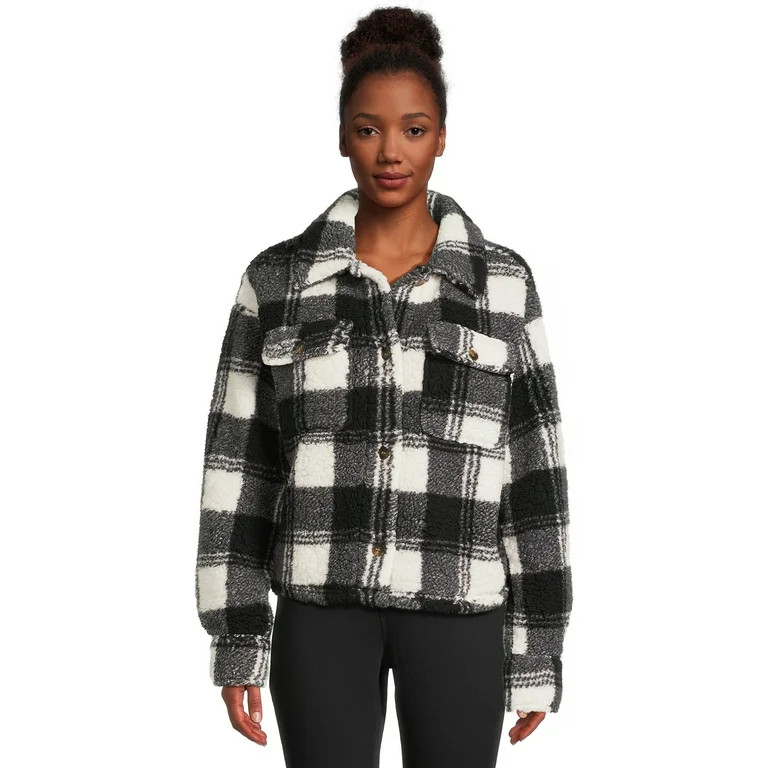 No Boundaries Juniors Plaid Faux Sherpa Shacket, Sizes XS-XXXL | Walmart (US)