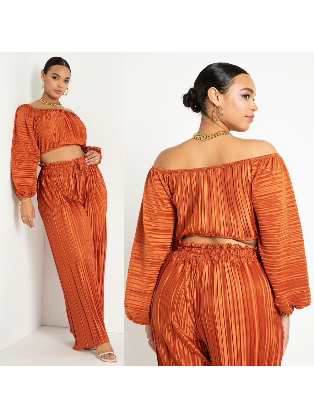 ELOQUII 2 Piece Burnt Orange Plisse Set w/ Crop Off-the-Shoulder Top- Size 14/16 | Poshmark