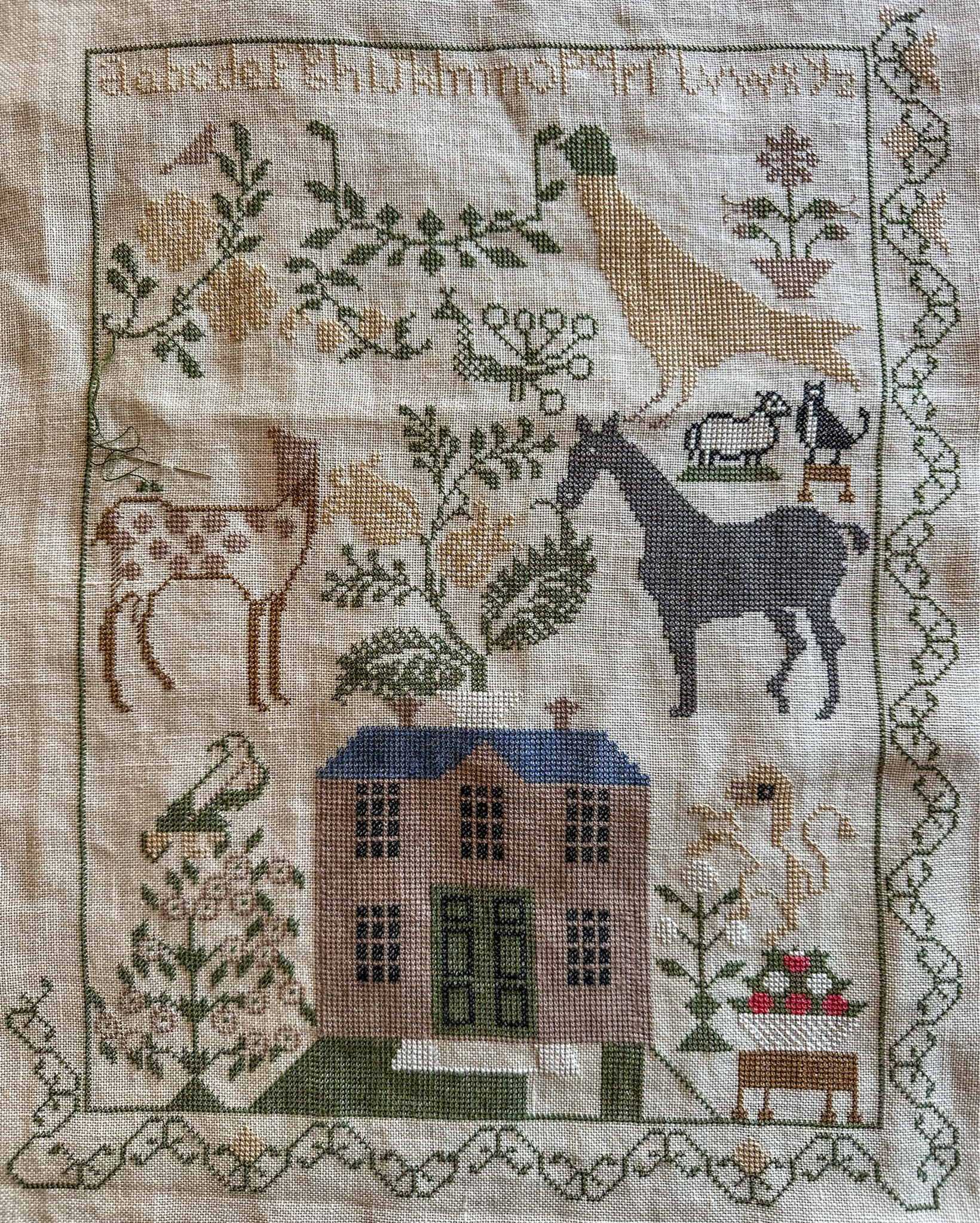 Progress on this beauty! 

.
Pattern- Mary Hill 1854 by @needleworkpress 
Fabric- @weeksdyeworks 32 count beige stitched 1 over 2 
Floss- converted to DMC 
.
.
.
.
.
.
.
.
.
.
#stitchandbewell #flosstuber #crossstitchersofinstagram #crossstitch_dream #rtocrossstitch #reproductionsampler #linen #weeksdyeworks #needleworksociety #needleworker #crafty #dmcfloss #dmcthreads #dmcthread #culpeper #stitchwhatyoulove #cottagecore #cottagecoreaesthetic #farmanimalsanctuary #cottagecoreart #stitchlover #createdtocreate #simplelifestyle #howihaven

#LTKHome #LTKSeasonal #LTKFamily