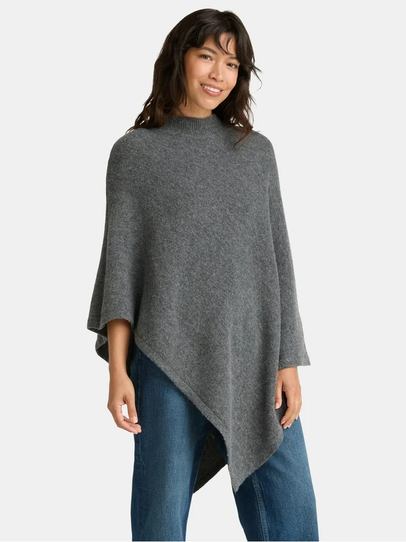 Time and Tru Women's Mock Neck Poncho, S/M, Charcoal Heather Grey | Walmart (US)