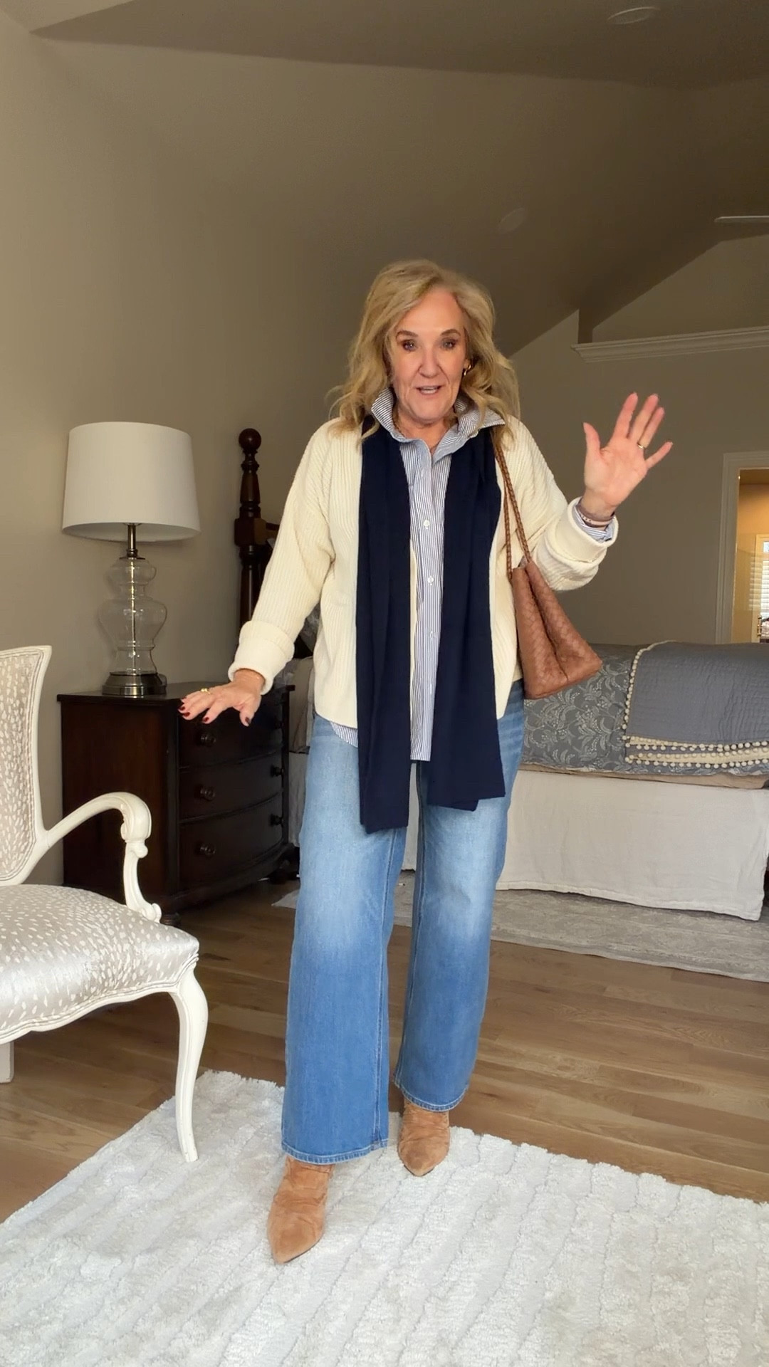 Cashmere sweater size medium
Blue and white striped poplin blouse for a relaxed fit size medium
The Bella jeans are restocked. They’re a relaxed straight leg. Order your regular size. I’m size 29 with an inseam 28.
Booties size up 1/2 

#LTKootd #LTKPetite #LTKOver40