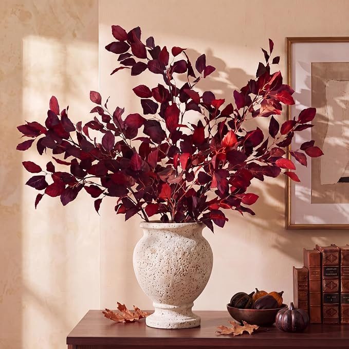 Wavwavw 6 Pcs Burgundy Artificial Leaf Branch 39" Fall Faux Eucalyptus Leaf Stems for Vase Fall W... | Amazon (US)