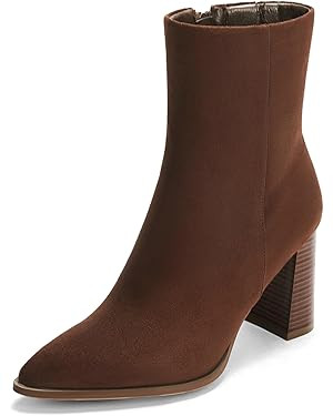 Coutgo Womens Ankle Boots Pointed Toe Chunky Stacked Heel Side Zipper Dress Fall Booties Shoes | Amazon (US)