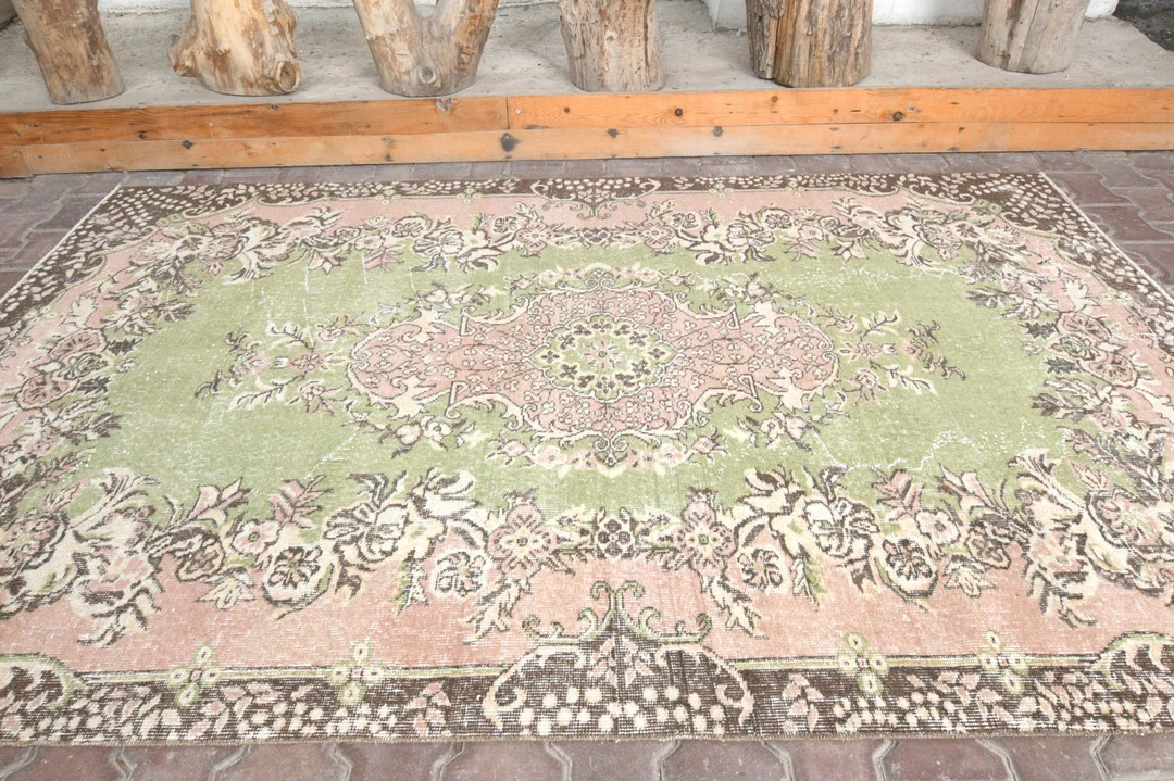5x9 Green Pink and Brown Turkish Rug, Oushak Rug, Vintage Rug, Area Rug, Turkish Rug, Vintage Rug... | Etsy (US)