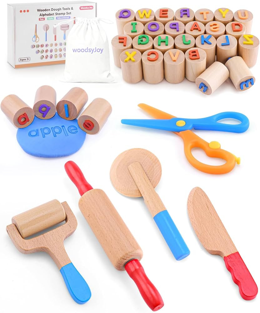 Wooden Dough Tools Kit for Kids, Dough Accessories with Rolling Pins, Pizza Cutter, Safety Scisso... | Amazon (US)