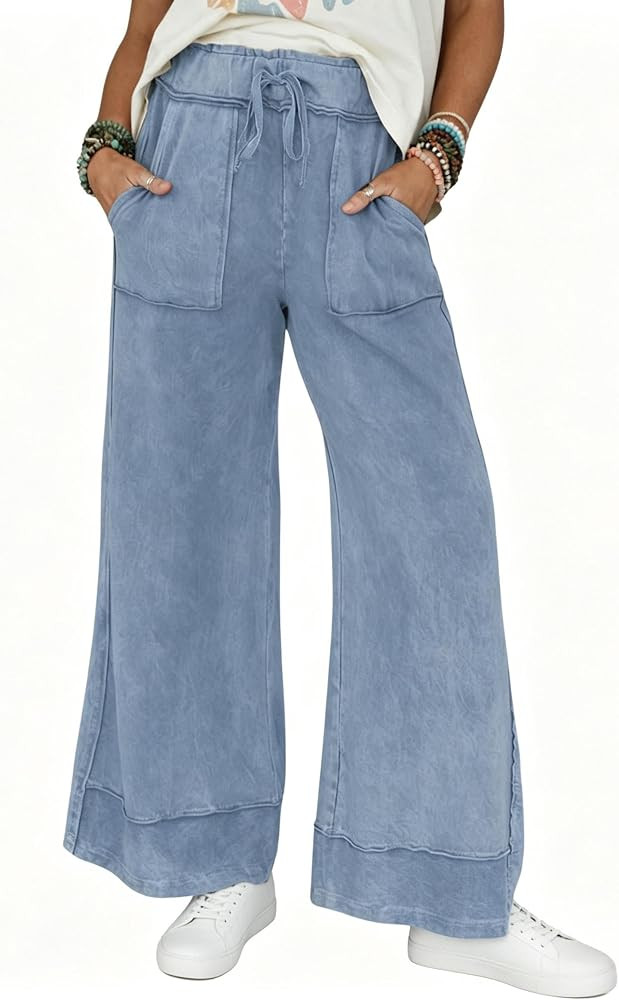 Athlisan Womens Casual Wide Leg Sweatpants Acid Wash Elastic Waisted Palazzo Pants Trousers with ... | Amazon (US)