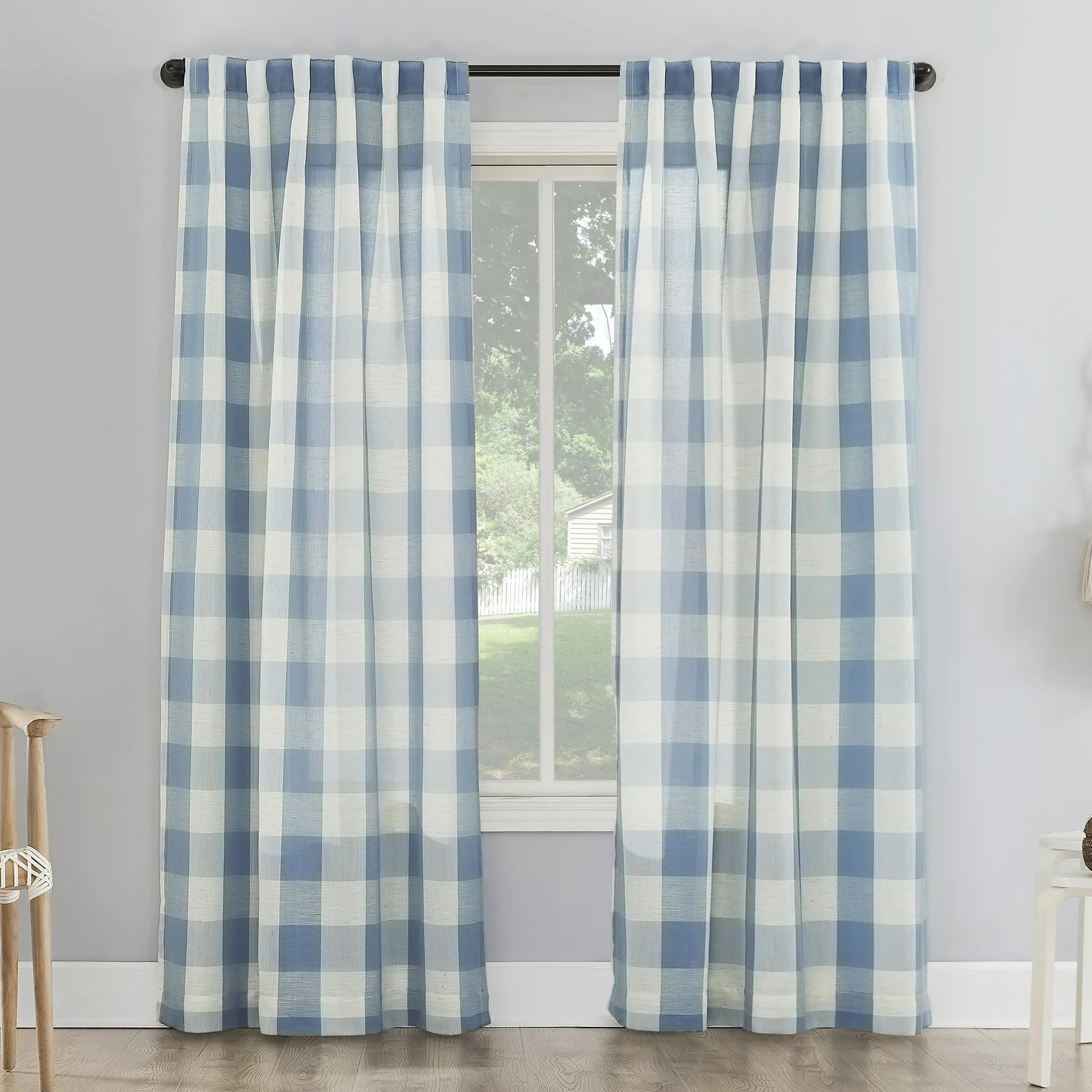 Better Homes and Gardens Buffalo Plaid Semi-Sheer Back Tab Curtain Panel, 50" x 84", Blue | Walmart (US)
