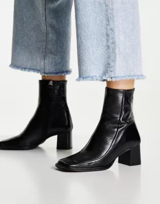 ASOS DESIGN Roberta premium leather square toe boots in black | ASOS | ASOS (Global)