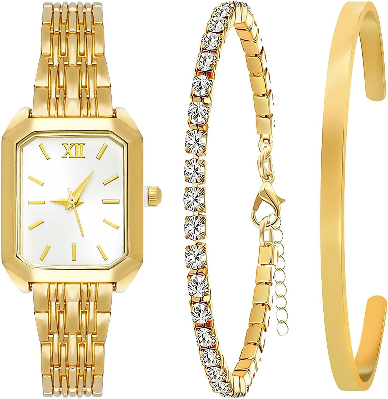 NEWITIN 3 Pieces Women Gold Watch Bracelets Set Fashion Costume Jewelry Stainless Steel Gold Plated Square Wristwatch Diamond Bangle Bracelet Watch Jewelry Set for Women | Amazon (US)