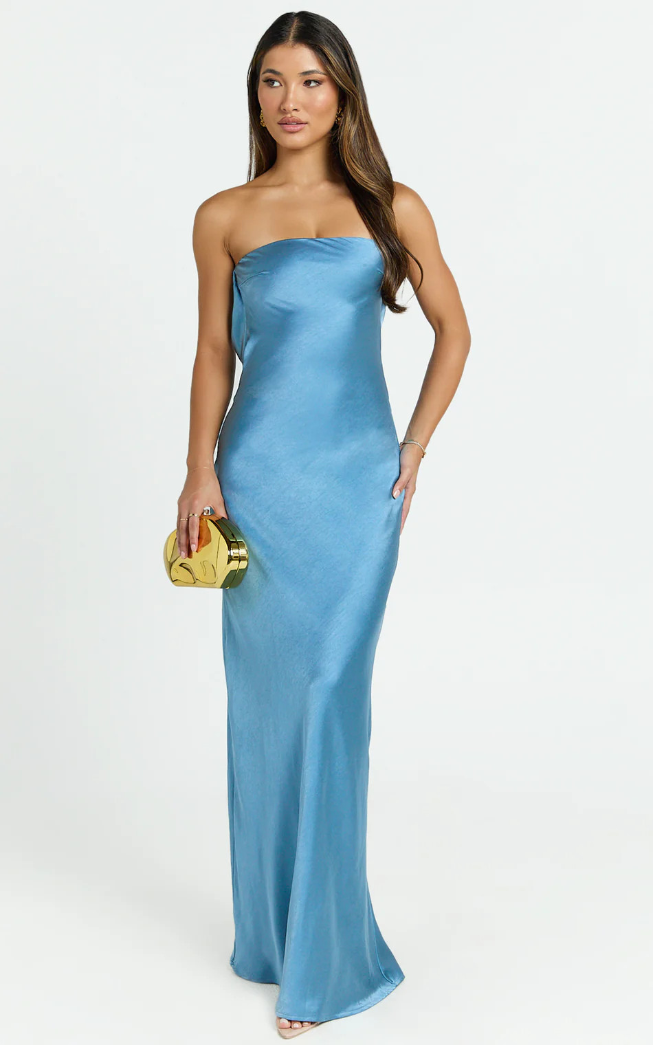 Strapless Cowl Back Satin Dress in Steel Blue | Showpo (US, UK & Europe)
