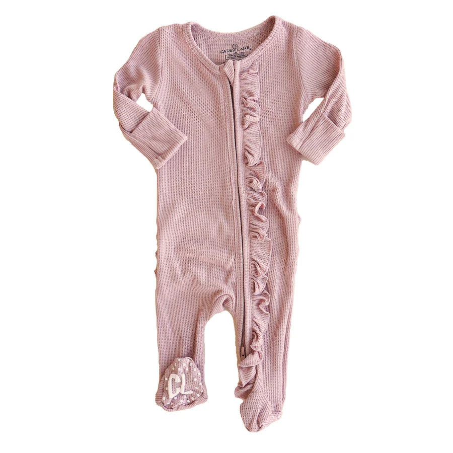 Vintage Rose Bamboo Waffle Ruffle Zipper Footie | Caden Lane