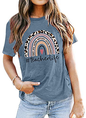 Teacher Shirt for Women Teach Rainbow Leopard Graphic Tee Tops Teachers Gift Teach Inspire T Shirt | Amazon (US)