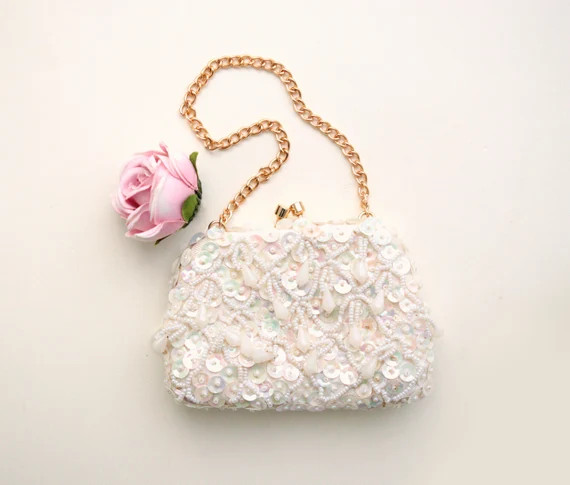 Vintage beaded clutch, Sparkly evening bag, Mini sequin handbag, Small ivory and gold purse | Etsy (US)