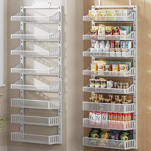 POKIPO Over the Door Pantry Organizer 8-Tier, Large Metal Door Spice Rack with Adjustable Basket, 2 in 1 Wall Mount or Hanging Heavy-Duty Pantry Door Storage Shelf for Kitchen and Bathroom, White | Amazon (US)