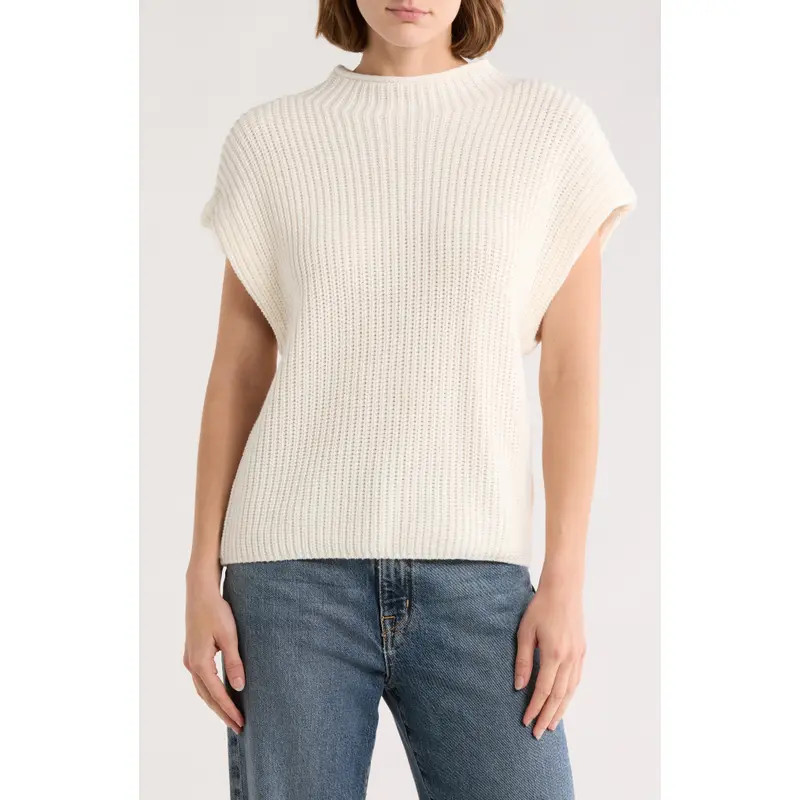 Leith Mock Neck Cap Sleeve Cotton Blend Sweater in Black at Nordstrom Rack, Size Medium | Nordstrom Rack