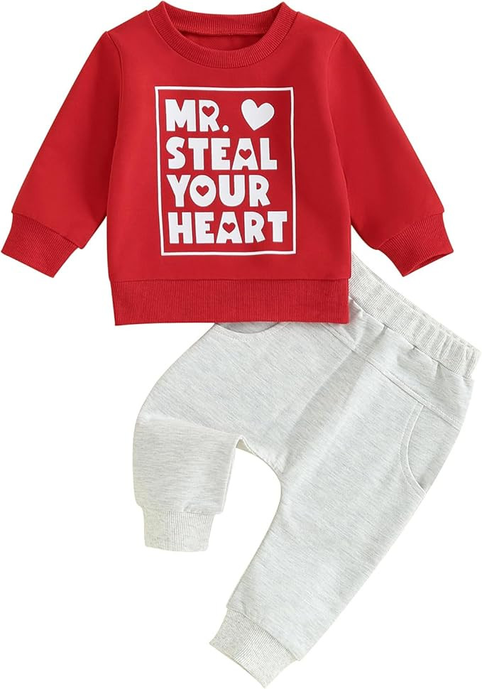 Toddler Boy Valentine's Day Outfit Letter Print Crewneck Sweatshirt Jogger Pants Set Infant Valen... | Amazon (US)
