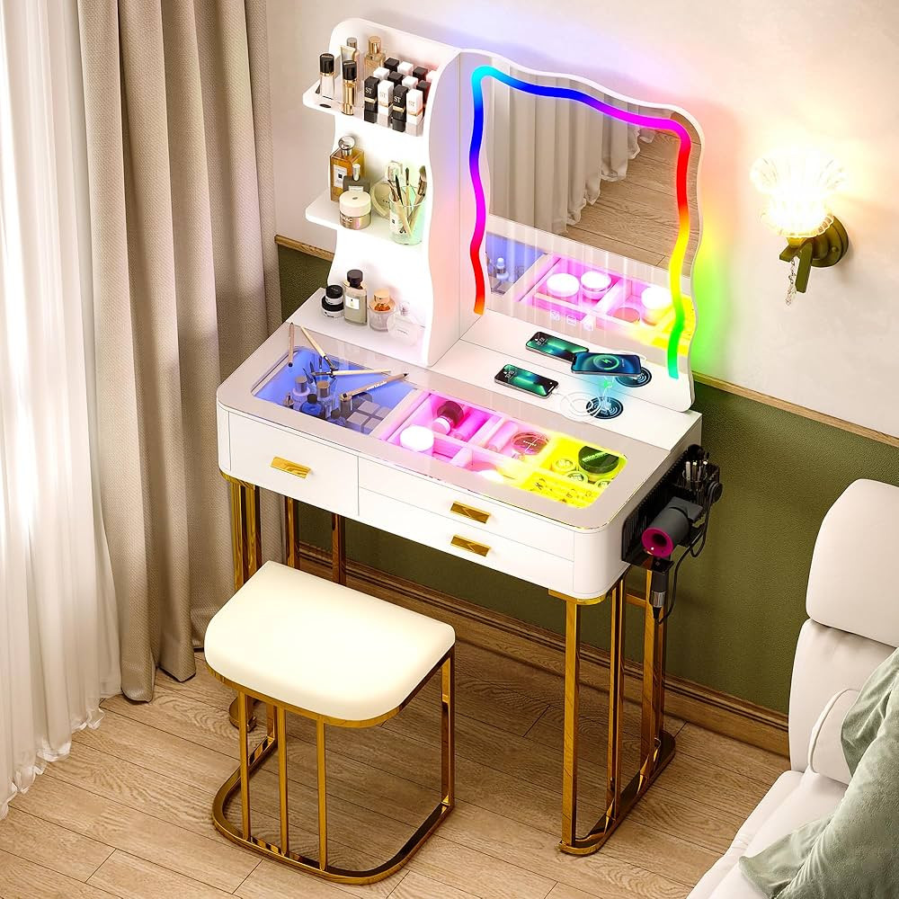 RGB Makeup Vanity Desk with Wireless Charging Station,7 Dynamic and 7 Static Dimmable Vanity Tabl... | Amazon (US)