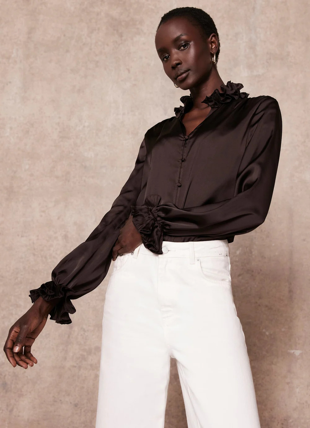 Brown Ruffle Satin Blouse | Mint Velvet