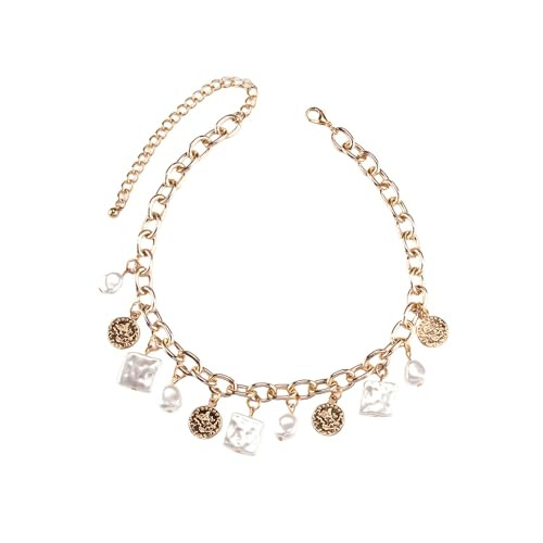 Charm Necklace for Women Dainty Gold Charm Necklace Coin Head Portrait Square Pendant Necklace Boho Charm Beach Necklace White Pearl Choker Necklace Summer Jewelry Gifts (B) | Amazon (US)