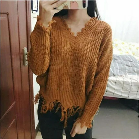 Shredded Sweater - Long Sleeve - V-Neck Lantern Sleeves - Mohair Knit - Distressed Sweater - Brown | Walmart (US)