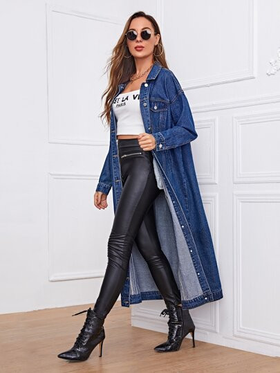 Button Front Drop Shoulder Longline Denim Coat | SHEIN