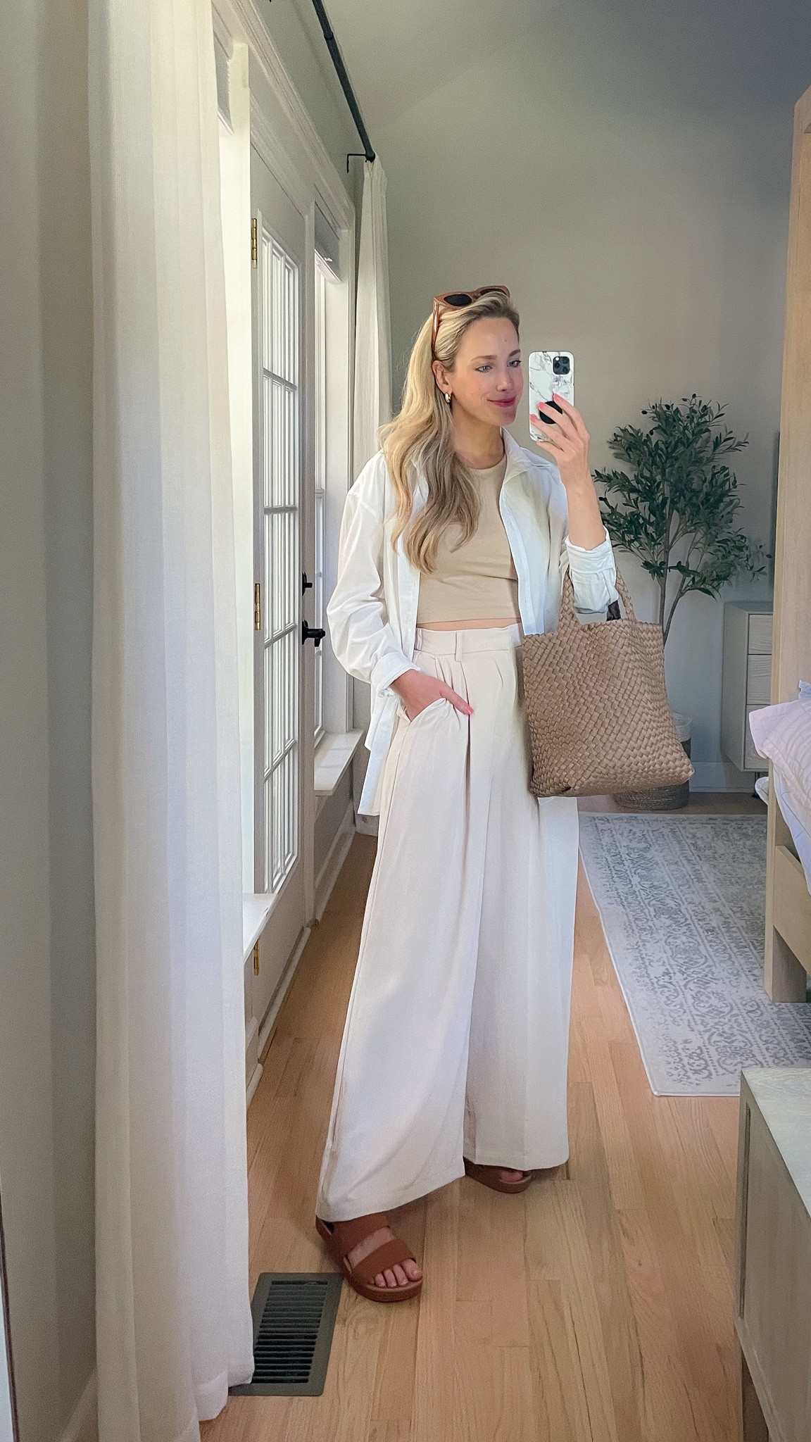 Classic outfit quiet luxury outfit neutral outfit amazon fashion amazon pants wide leg pants white button down shirt woven tote designer lookalike tote sunglasses gold earrings brown sandals reef sandals 

#LTKsalealert #LTKxPrimeDay #LTKunder50