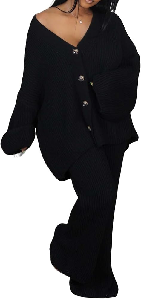 Molisry Women's Sweater Set Casual Long Sleeve Button Down Cardigan Wide Leg Baggy Pants Striped ... | Amazon (US)