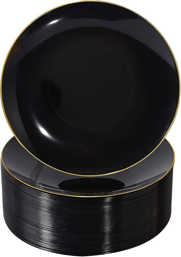 Nervure 100PCS Black and Gold Plastic Plates - 10.25 inch Black Disposable Plates - Gold Rim Dinn... | Amazon (US)