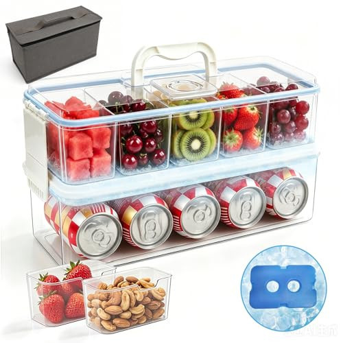 HestiaSnax Snackle Box Container with 2 Ice Packs, Double Layer 10-Compartment Divided Serving Tray, Large Chilled Portable Snack Box with Insulated Bag for Charcuterie, Beach, Travel, Road Trip | Amazon (US)