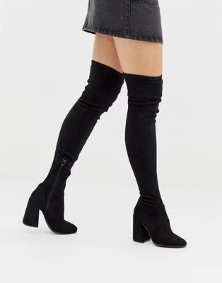 ASOS DESIGN Korey heeled thigh high boots in black | ASOS (Global)