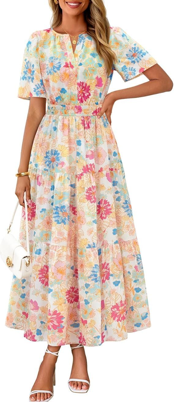 MEROKEETY Women's Summer Casual Floral Boho Short Sleeve Midi Maxi Dresses | 2026, Lined, Shirred... | Amazon (US)