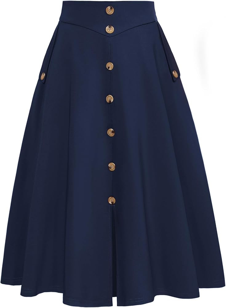Belle Poque Womens A Line Midi Skirt Vintage Button Down Swing Skirt High Waisted Slit Pleated Sk... | Amazon (US)