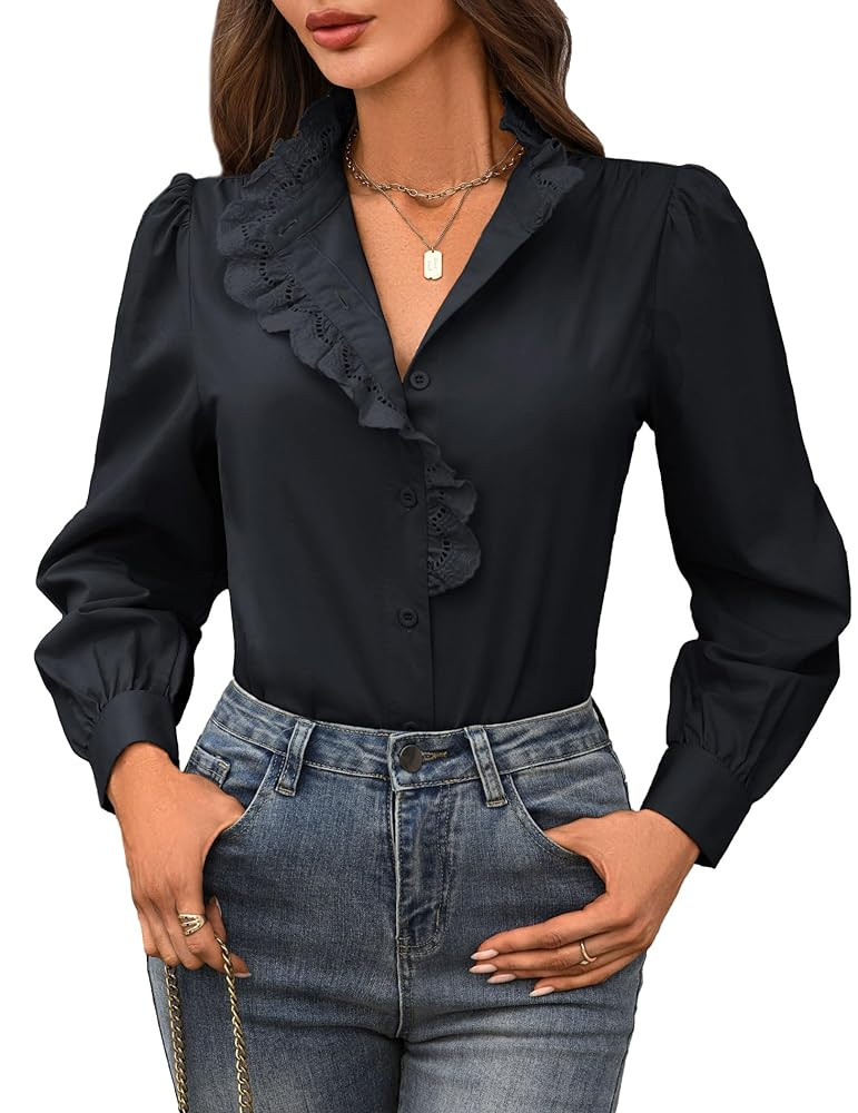 Women's Long Sleeve Shirts - Ruffles Mock Neck Button Down Tops Fall Dressy Elegant Solid Retro W... | Amazon (US)