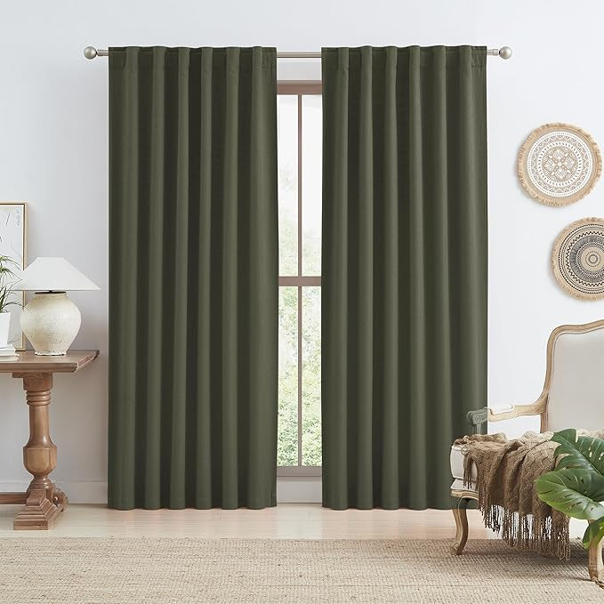 KEQIAOSUOCAI Dark Olive Green Blackout Curtains 90 Inches Long 2 Panels Set- Faux Linen Textured ... | Amazon (US)