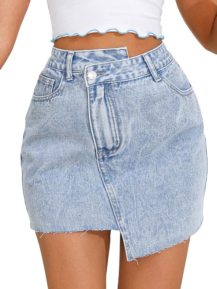 WDIRARA Women's Raw Trim Bodycon Denim Skirt Asymmetrical High Waisted Ripped Mini Jean Skirt wit... | Amazon (US)