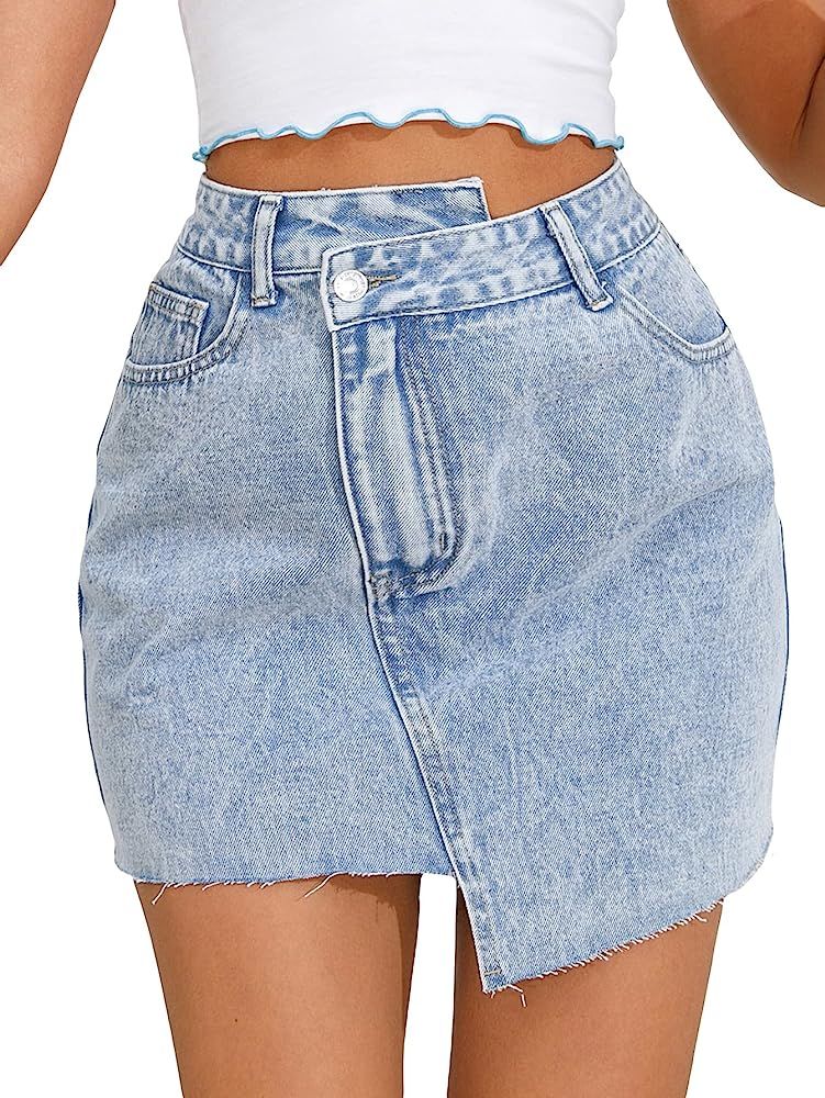 WDIRARA Women's Raw Trim Bodycon Denim Skirt Asymmetrical High Waisted Ripped Mini Jean Skirt wit... | Amazon (US)