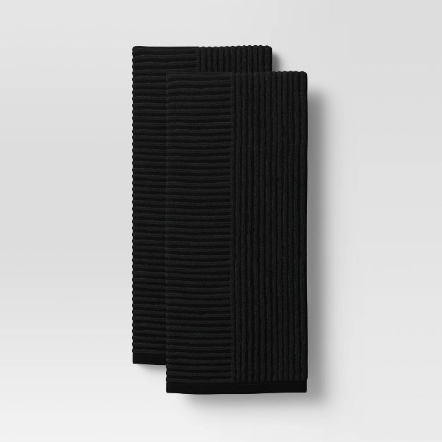 2pk Cotton Solid Ribbed Terry Kitchen Towels Black - Project 62&#8482; | Target