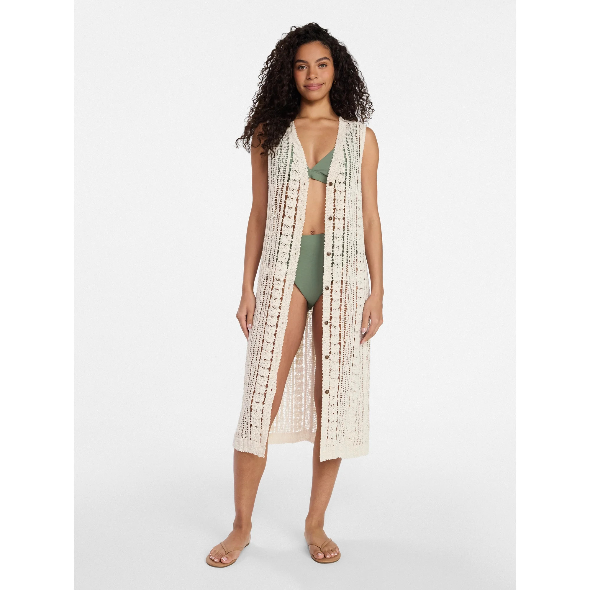 Time and Tru Women's Crochet Button Down Coverup, Size S/M, Ivory | Walmart (US)