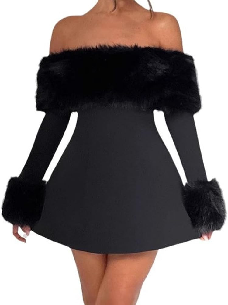 Off The Shoulder Dresses for Women Fur Trim Long Sleeve Formal Mini Dress Faux Fur A-Line Party C... | Amazon (US)