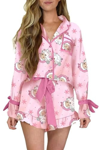 Yiulangde Women Christmas Santa Pajamas Silk Satin 2 Piece Bow Tie Xmas Pjs Long Sleeve Button Shirt Lounge Boxer Shorts Sets | Amazon (US)