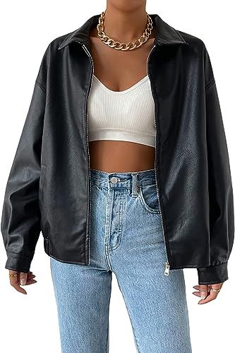 MakeMeChic Women's Faux Leather Shacket Long Sleeve Zip Up Motorcycle Jacket Biker Coat | Amazon (US)