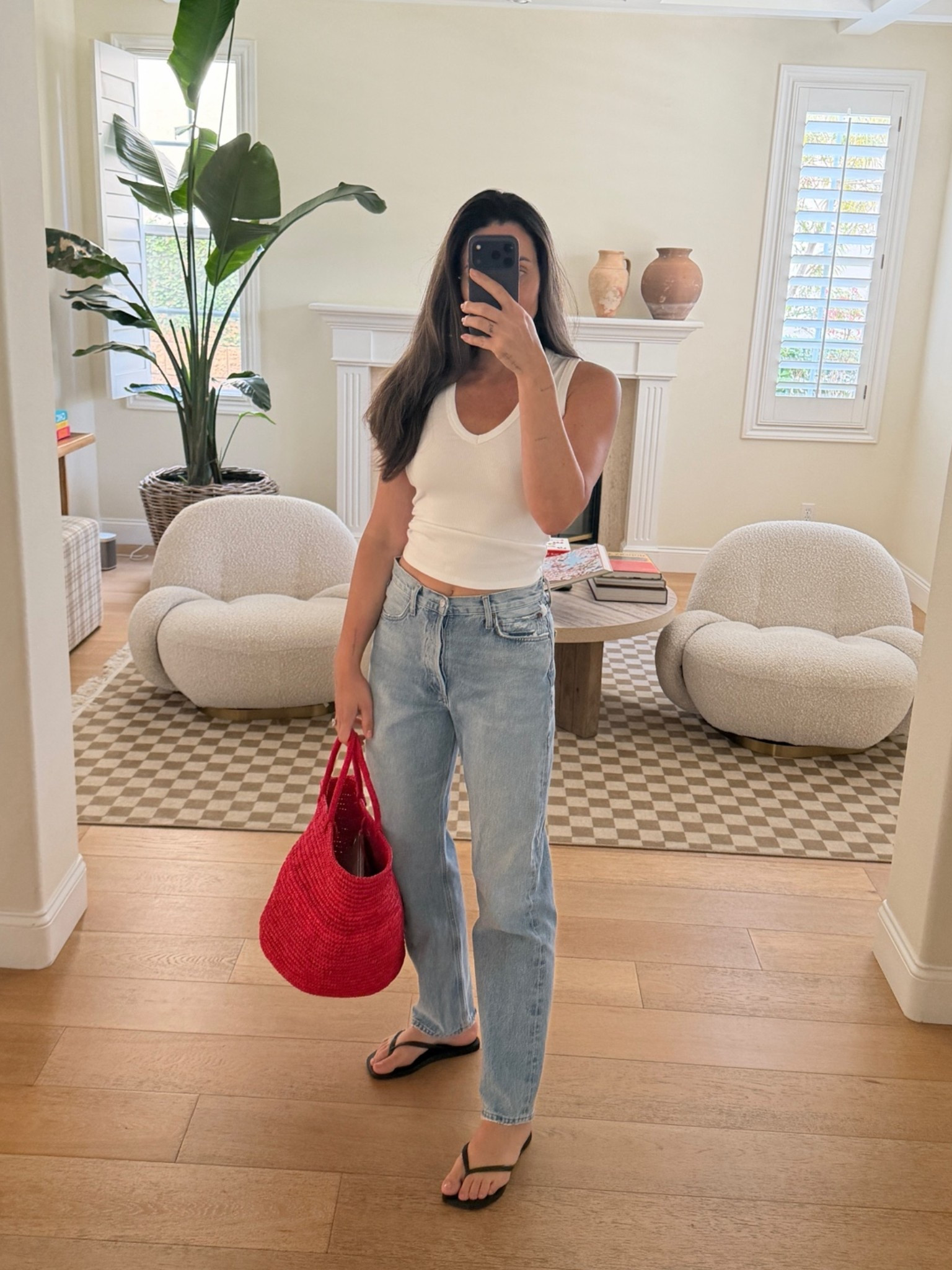 Pop of red with rafia bag 
Size small tank belen15
Size 26 denim

#LTKOver40 #LTKSeasonal