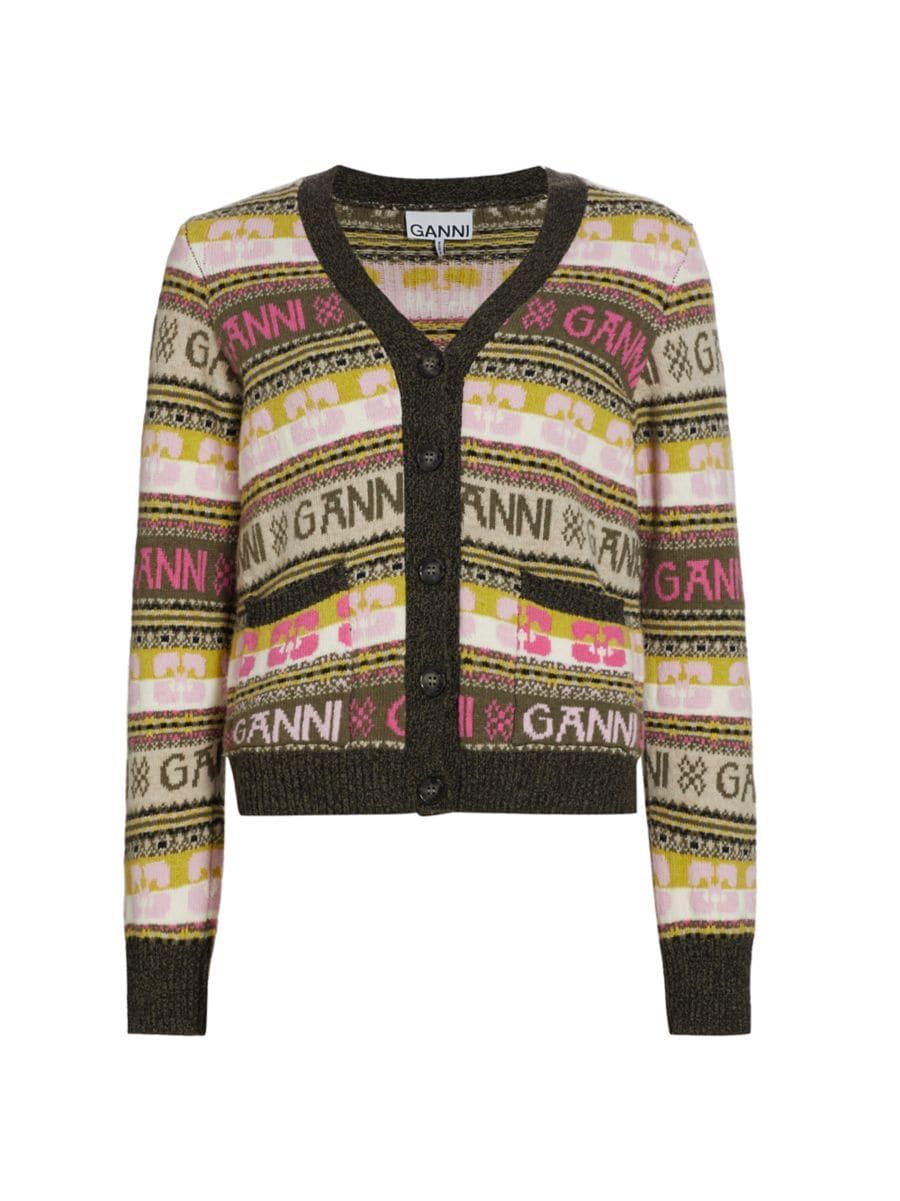 Shop Ganni Logo Wool-Blend Cardigan | Saks Fifth Avenue | Saks Fifth Avenue