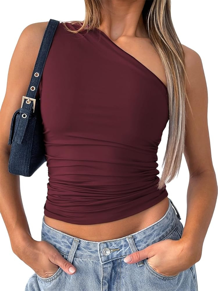 ForeFair Women One Shoulder Going Out Crop Tank Tops Slim Fit Sleeveless Shirts Y2k Cute Top | Amazon (US)